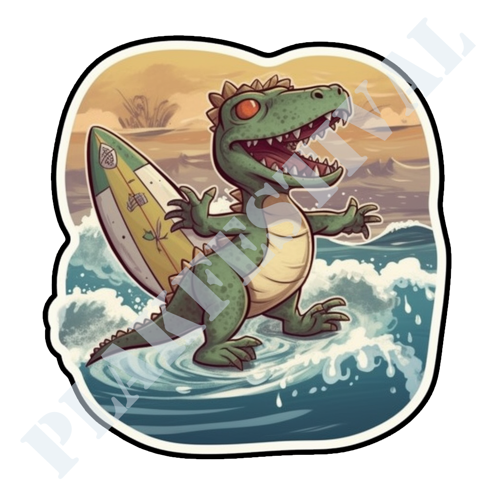 Conquer the Seas with our 'Dino Croc Surfer' Sticker | A Prehistoric Gulf Ruler!