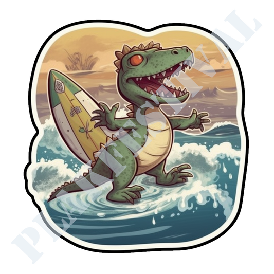 Conquer the Seas with our 'Dino Croc Surfer' Sticker | A Prehistoric Gulf Ruler!