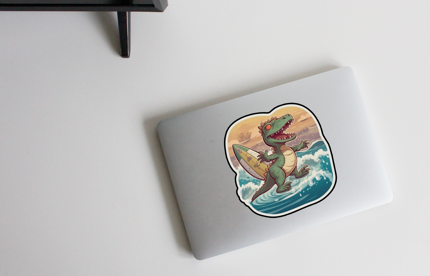 Conquer the Seas with our 'Dino Croc Surfer' Sticker | A Prehistoric Gulf Ruler!