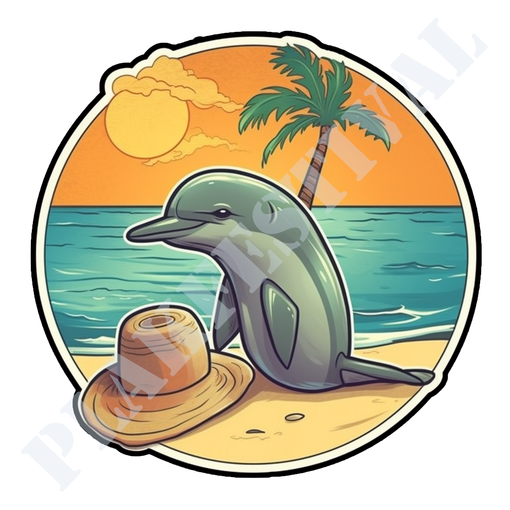 Experience tropical vibes with our 'Beach Breeze' sticker | A sunny fusion of dolphin happiness and beach relaxation!