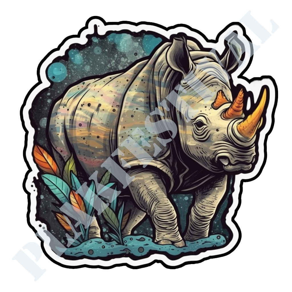 Betreed het betoverende nachtleven met onze 'Nightfall Rhino' sticker | Een majestueuze neushoorn in de schitterende nacht!