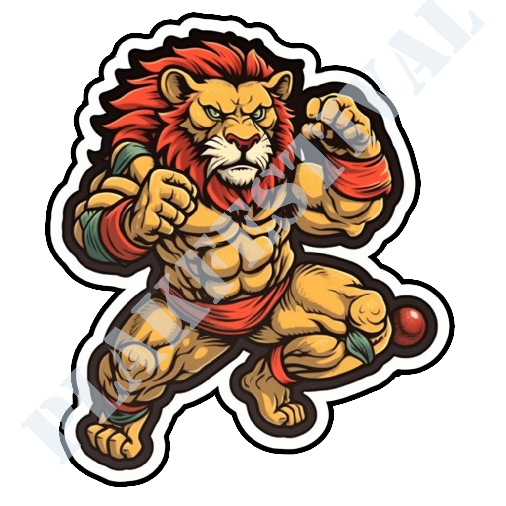 Ontketen je Kracht met onze 'Muay Thai Lion' Sticker | Een Vurige Leeuw in Meesterlijke Muay Thai Houding!