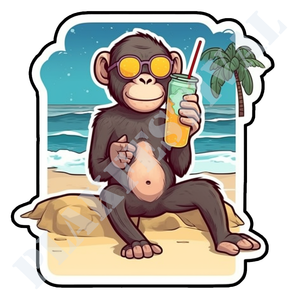 Escape to paradise with our 'Tropical Getaway' sticker | An exotic mix of monkey tricks and relaxation under the sun!