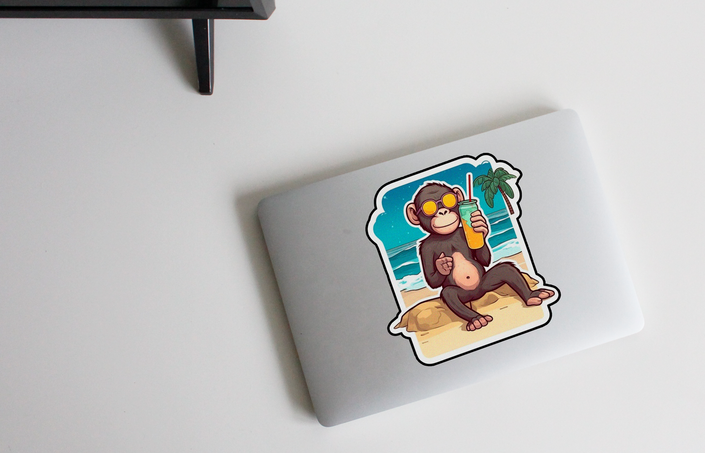 Escape to paradise with our 'Tropical Getaway' sticker | An exotic mix of monkey tricks and relaxation under the sun!