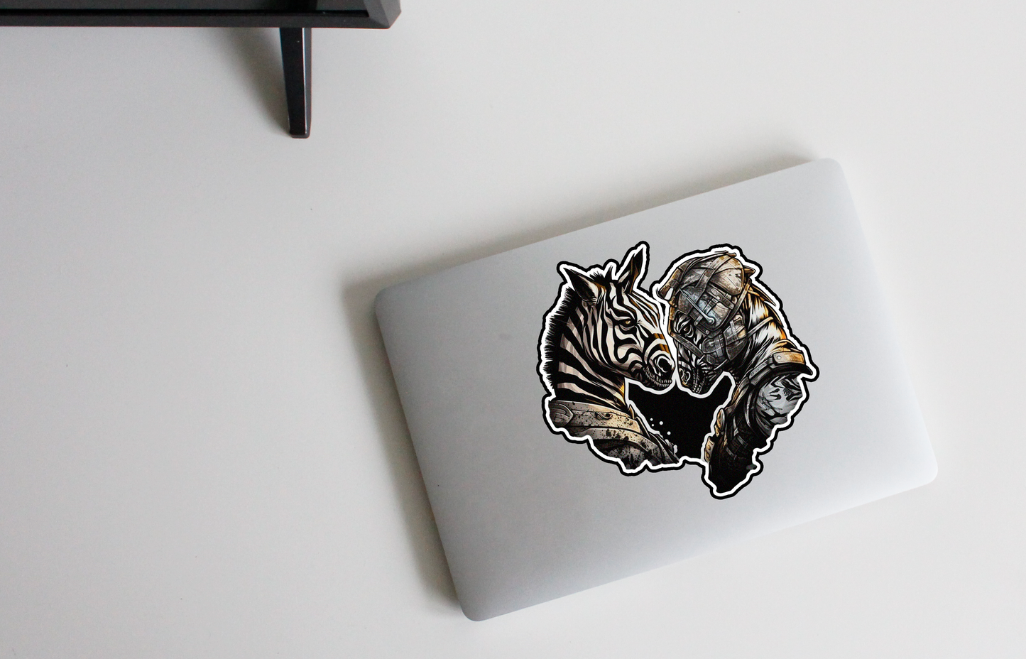 Enter the Arena of Contrasts with our 'Battleground Zebras' Sticker | A Clash between Nature and Technology!